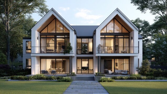 Modern, symmetrical duplex with gabled roofs, large windows, and balconies