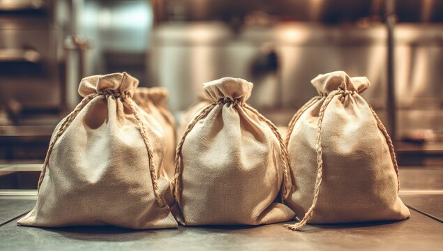 Three rustic drawstring sacks sit on a surface, background blurred