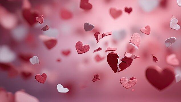 Shattered hearts and confetti drift against a soft pink bokeh background