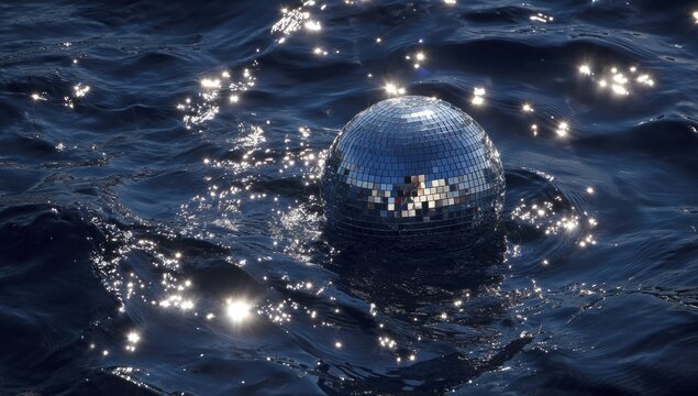 Mirrored sphere floats on shimmering ocean surface, reflecting light