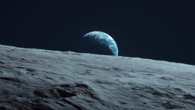 Lunar horizon reveals Earth's blue marble rising, vast grey moonscape dominates foreground