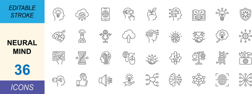 Neural mind line icon set with clean stroke, minimal outline style. Includes brain, cognition, data, network and intelligence concepts. Professional editable vector icons for UI design.