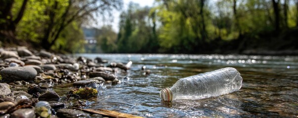 Fototapeta premium Clear plastic bottle floating in a river, polluting the natural environment
