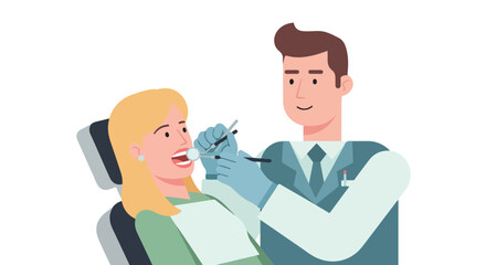 Fototapeta premium A professional male dentist with gloves uses tools to examine a blonde female patient sitting in a dental chair in this flat vector illustration.