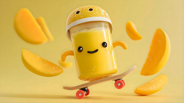 Cute animated juice character skateboarding with mango slices