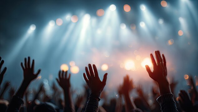 Crowd with raised hands in a concert arena with bright stage lights