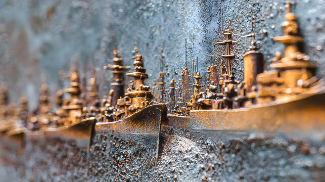 Close-up of bronze ship sculptures on textured metallic surface