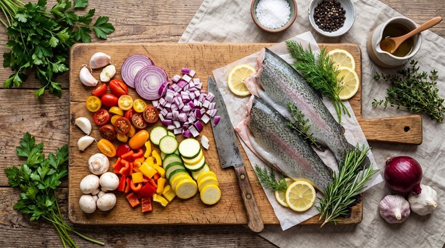 Rustic flat lay food photography of fresh raw trout fish fillets and colorful rainbow vegetables on a wooden cutting board