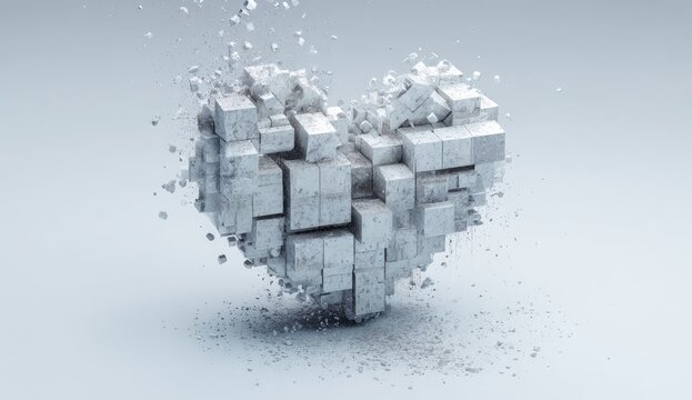Heart shape composed of exploding white cubes, shattering apart