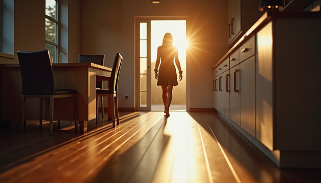 Silhouette of a woman walking towards a sunset in a cozy kitchen