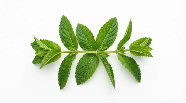 Fresh green mint leaves on a sprig isolated on white background.