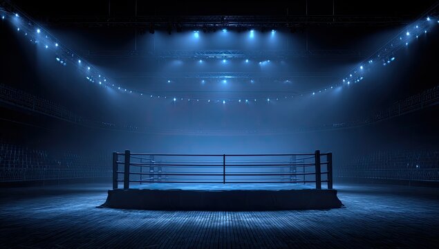 Empty boxing ring bathed in dramatic blue spotlights, ready for combat