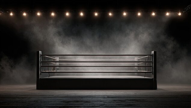 Empty boxing ring under spotlights, enveloped in dramatic stage smoke