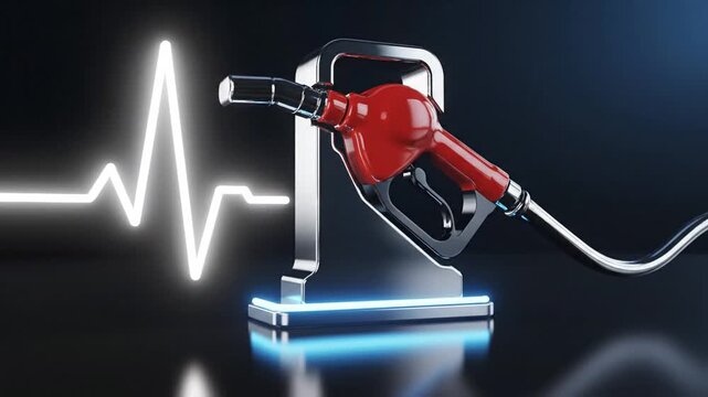 Luminous digital gasoline pump icon integrated with an electrocardiogram heart rhythm pulse line symbolizing energy vitality and fuel dependency in a sleek black background animation.