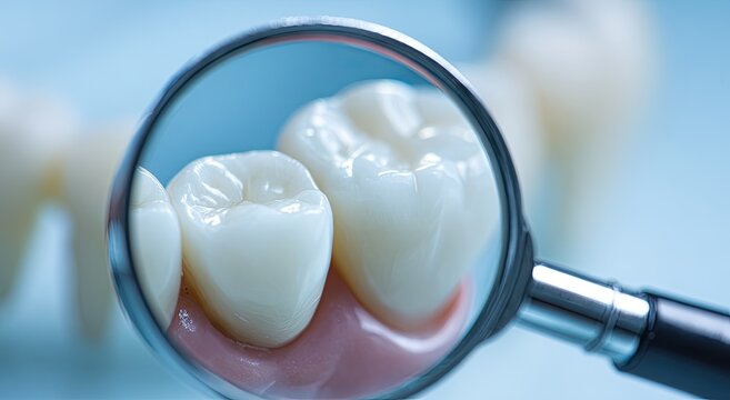Magnified ceramic dental crowns on light blue background, close-up view