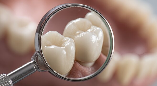 Dental mirror magnifies gleaming porcelain crowns on healthy teeth