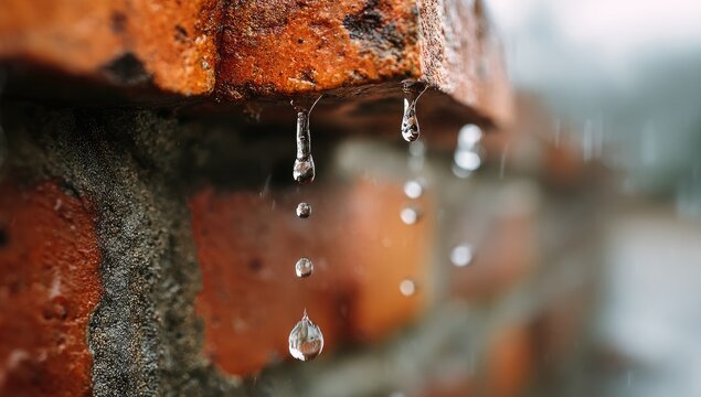 Water drops falling from a textured orange brick edge