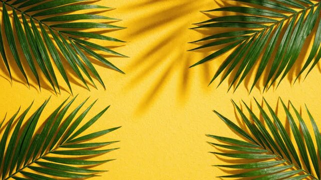 Minimalist aesthetic flatlay featuring lush emerald palm fronds arranged on a vibrant canary yellow backdrop with ample copy space for seasonal summer travel and fashion advertising.