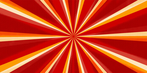 Retro red background with vintage circus sunburst. Psychedelic colorful swirl poster, abstract pattern in 70s carnival style. Hypnotic sunburst vector illustration. © towilah