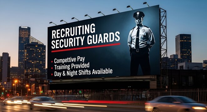 Recruiting Security Guards Billboard at Night with City Skyline Competitive Pay Training Day Night Shifts Job Advertisement Concept