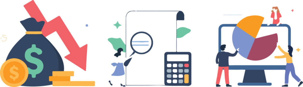 Financial analysis vector set featuring money loss arrow audit document with magnifying glass and business people analyzing pie chart