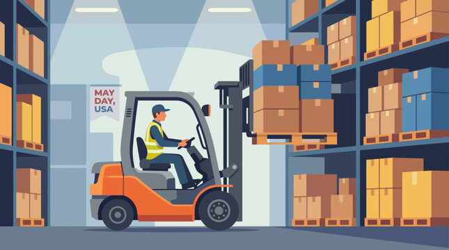 Forklift Driver Working in a Large Warehouse Illustration
