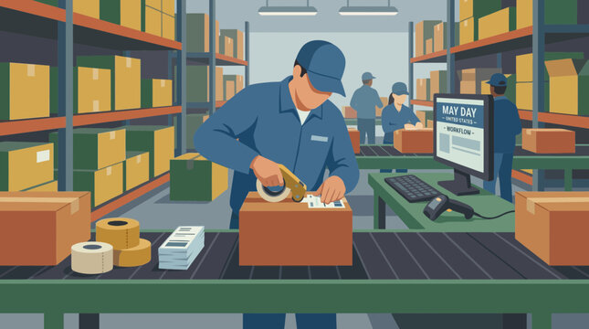 Warehouse worker sealing package on conveyor belt vector illustration
