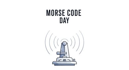 Minimalist vector illustration celebrating Morse Code Day, featuring a vintage telegraph machine emitting dot-dash signals against a clean white background, conveying a sense of retro © Retno