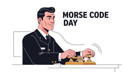A vintage communication technology illustration featuring a man operating a telegraph machine to celebrate Morse Code Day, set against a clean white background with a coded message © Retno