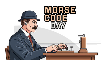 Illustration of a vintage telegraph operator encoding a message with dot dash signals on Morse Code Day, using vintage communication technology against a white background, showcasing binary © Retno