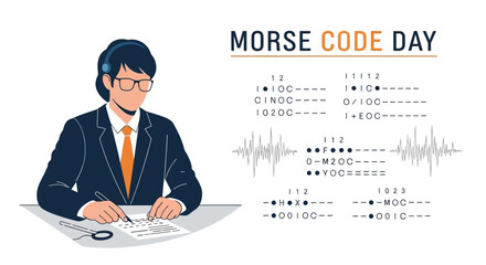 A focused radio operator depicted in a Morse Code Day illustration, encoding a message with a dot dash signal on paper in front of a waveform against a clean white background, with vintage © Retno