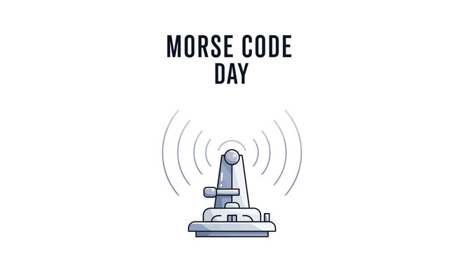 Minimalist vector illustration celebrating Morse Code Day, featuring a vintage telegraph machine emitting dot-dash signals against a clean white background, conveying a sense of retro