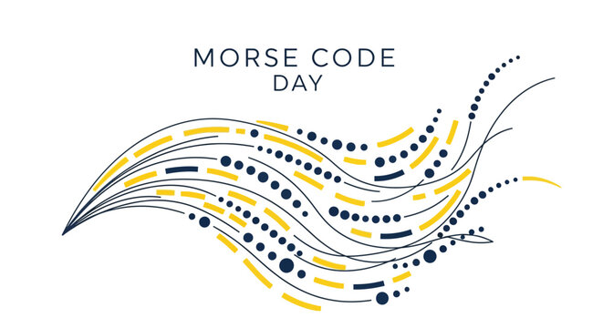 An illustrative vector graphic celebrates Morse Code Day with stylized dot and dash signals flowing across a white backdrop, designed with a tech communication concept and vintage