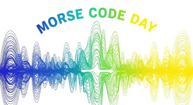 Vibrant waveform signal visualization depicts Morse Code Day with a spectrum of colors transitioning from blue to yellow in a symmetrical composition against a clean white background