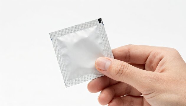 A hand holding a small silver condom wrapper against a white background