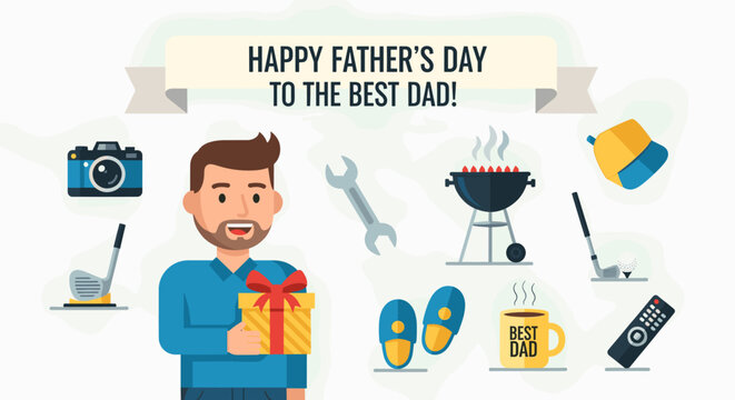 Happy Father's Day illustration featuring a man holding a gift surrounded by dad-themed icons like a camera, grill, and golf clubs.