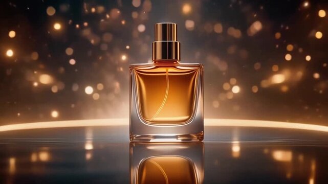 Close up perfume vessel highlighted by defocused light orbs resting on reflective plane emphasizing silhouette and chiaroscuro interplay