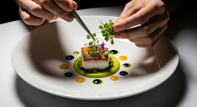 Chef Plating Gourmet Pan-Seared Fish with Microgreens in Fine Dining Restaurant
