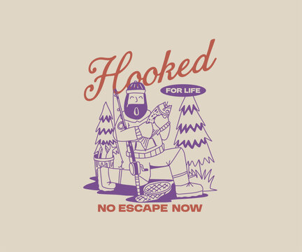 Vintage Summer Fishing T shirt Design. Retro Summer Fishing, Outdoor, Vacation, Holiday. Fishing Vector Illustration. Fisherman Graphic Tee for Print. Hooked fore Life