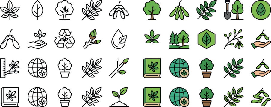 Ecology and Forestry Icon Set - Nature Conservation, Botanical Research, and Environmental Sustainability Symbols
