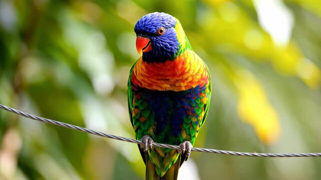 A vibrant rainbow lorikeet perched on a thin wire, captured in a closeup shot with a soft, blurred natural background, showcasing its colorful plumage