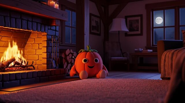 Plush tomato character sits on rug near fireplace in cozy room, night scene with moon