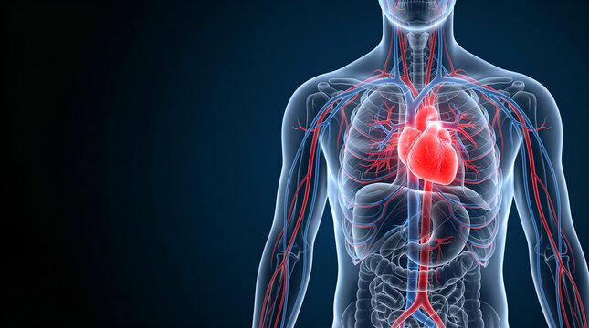 Human circulatory system with a detailed, glowing red heart and blood vessels on a dark blue background
