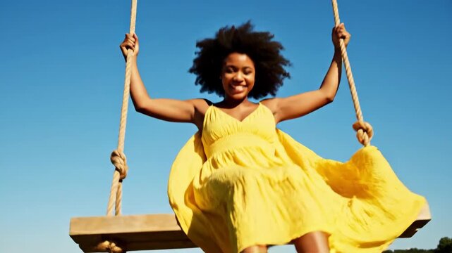A woman in a yellow dress swinging with joy under a clear blue sky