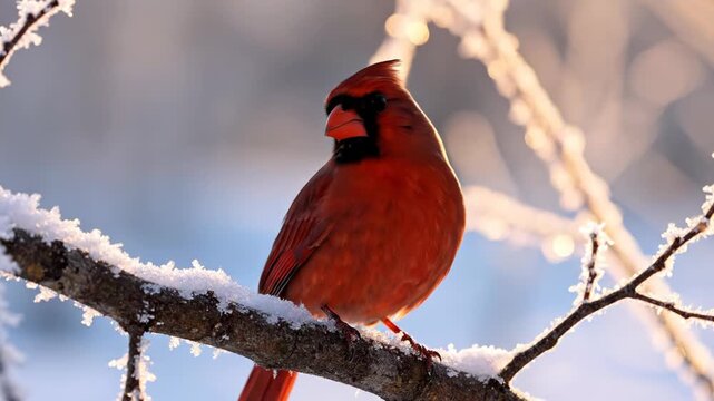 Male northern cardinal cardinalis cardinalis perched on a snowcovered branch in winter, vibrant red bird against a soft blue and white background, nature photography