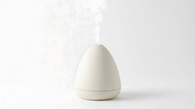 A minimalist egg-shaped essential oil diffuser emitting a gentle stream of mist on a clean white background.