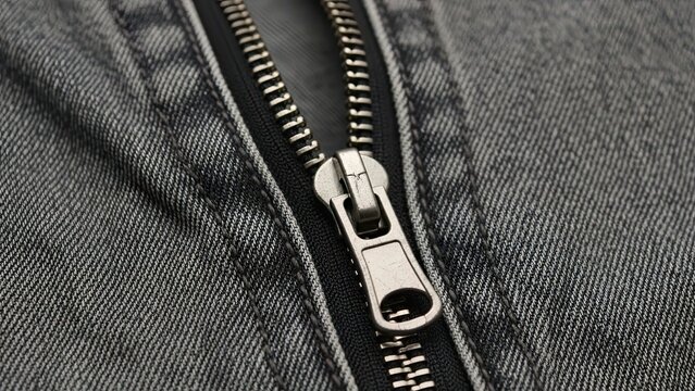 Close up macro shot of a metallic zipper on dark gray denim fabric showcasing intricate teeth and a pull tab symbolizing clothing closure fashion detail and winter apparel texture with shallow depth