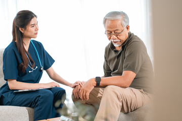 Obraz premium Elderly health insurance, elderly man and nurse in caring support at hospital room with empathy and concern