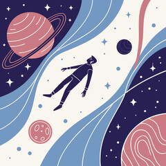 Fototapeta premium Astronaut floating in space with planets and stars
