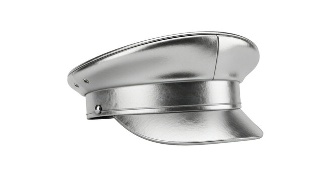 Shiny silver peaked cap with black background and metallic sheen image 1